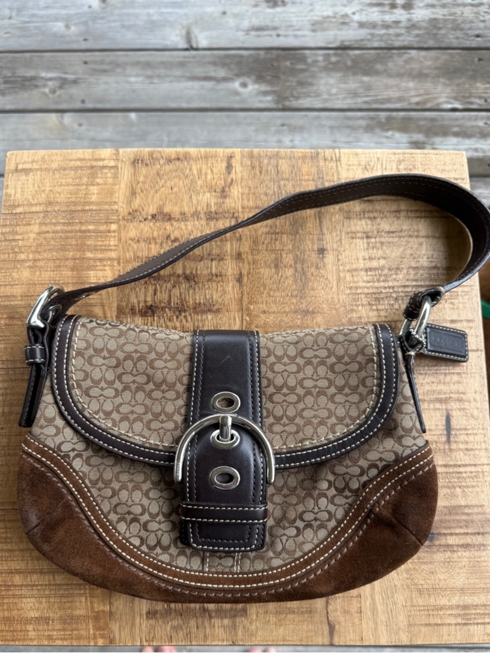Vintage Y2K Coach SMALL F10925 Soho Brown Suede Leather & Signature C Canvas Bag